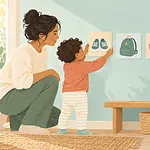 Illustration of a child choosing a picture card on a simple routine chart.