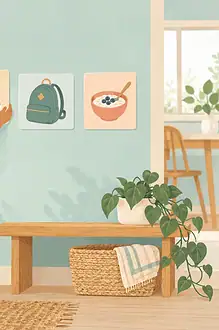 Illustration of a child choosing a picture card on a simple routine chart.