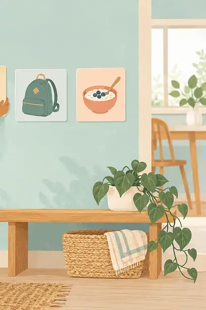 Illustration of a child choosing a picture card on a simple routine chart.