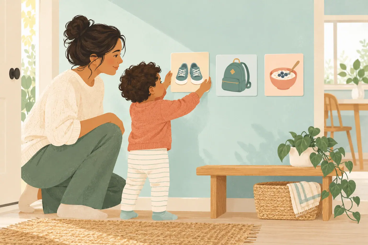 Illustration of a child choosing a picture card on a simple routine chart.