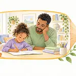 Illustration of a father supporting a child starting homework at a desk.