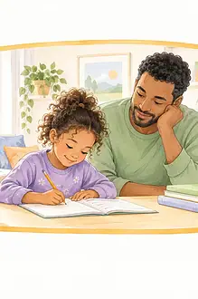 Illustration of a father supporting a child starting homework at a desk.