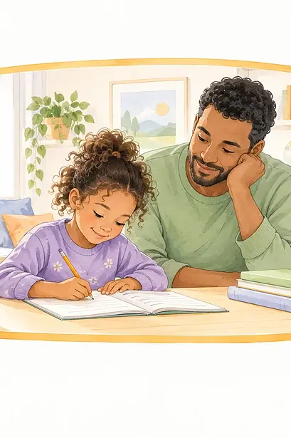 Illustration of a father supporting a child starting homework at a desk.