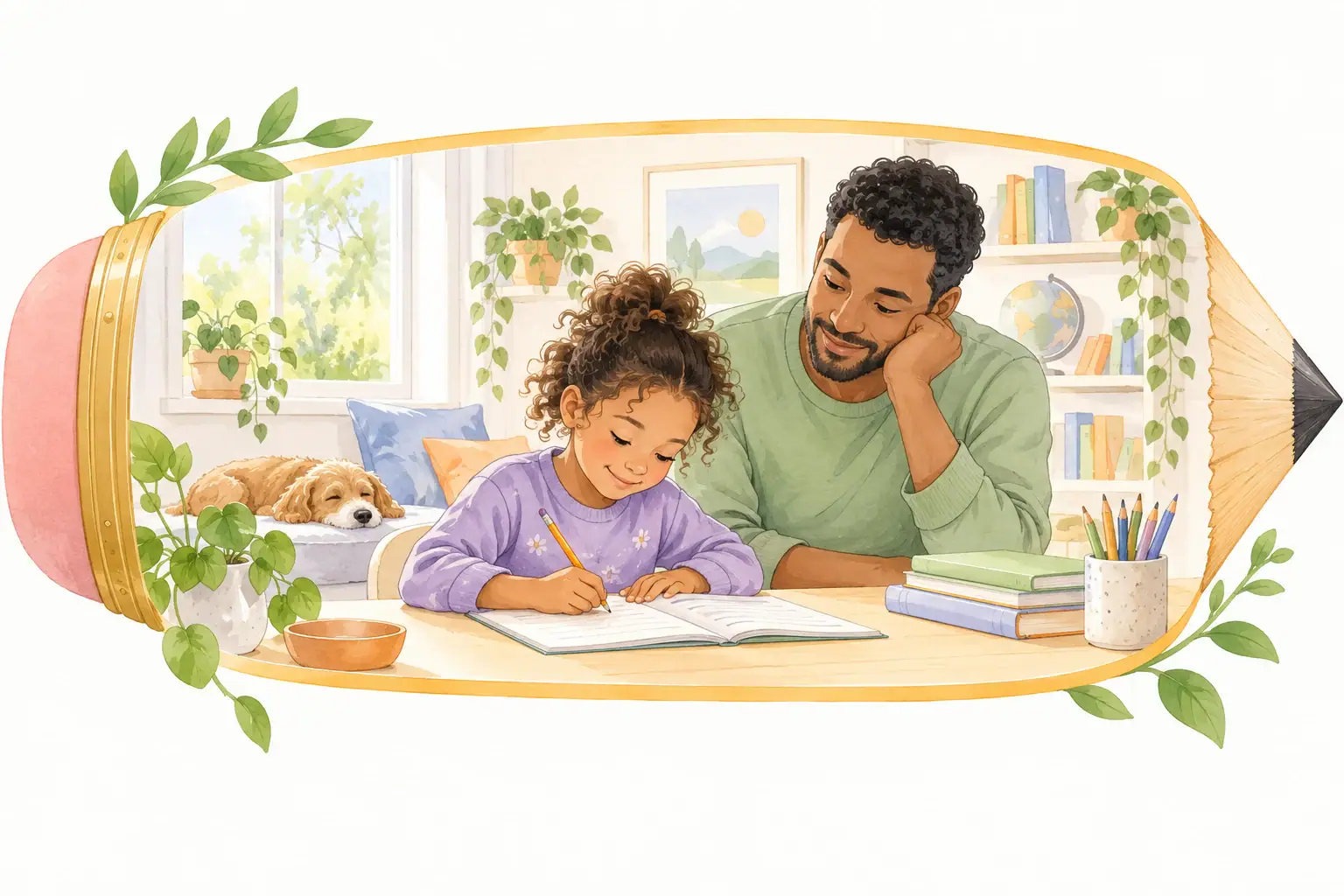 Illustration of a father supporting a child starting homework at a desk.