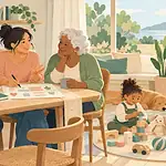 Illustration of parents and a grandparent discussing family routines while a child plays.