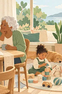 Illustration of parents and a grandparent discussing family routines while a child plays.