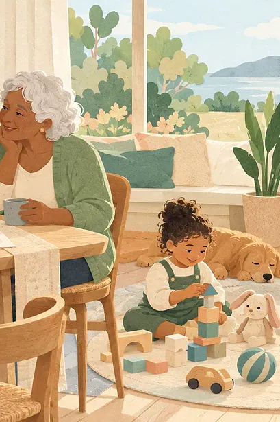 Illustration of parents and a grandparent discussing family routines while a child plays.