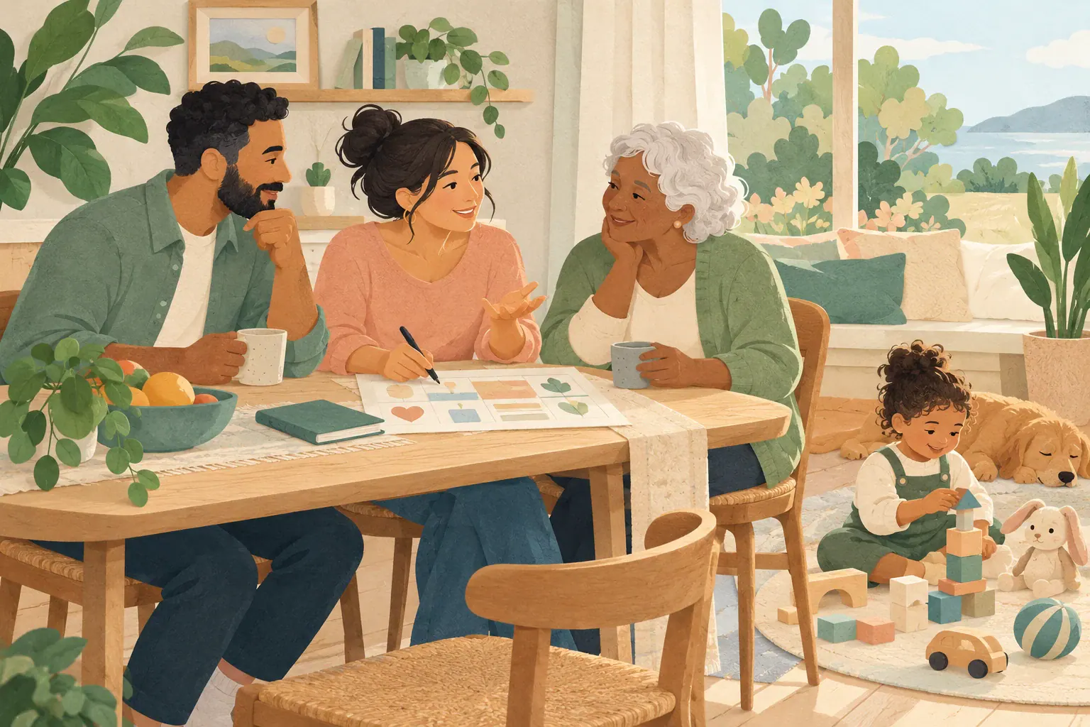 Illustration of parents and a grandparent discussing family routines while a child plays.