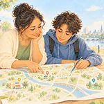 Illustration of a parent and teenager planning an outing using a map.