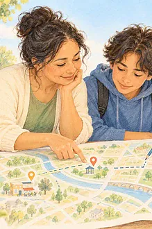 Illustration of a parent and teenager planning an outing using a map.