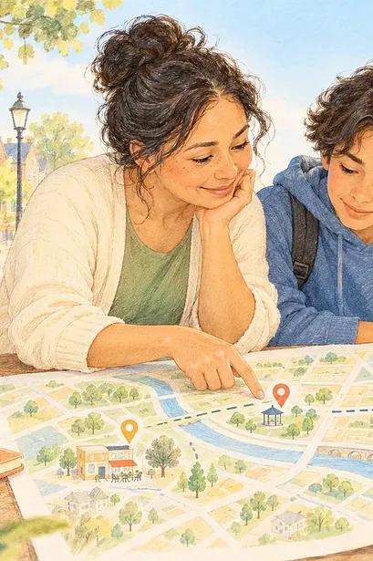 Illustration of a parent and teenager planning an outing using a map.