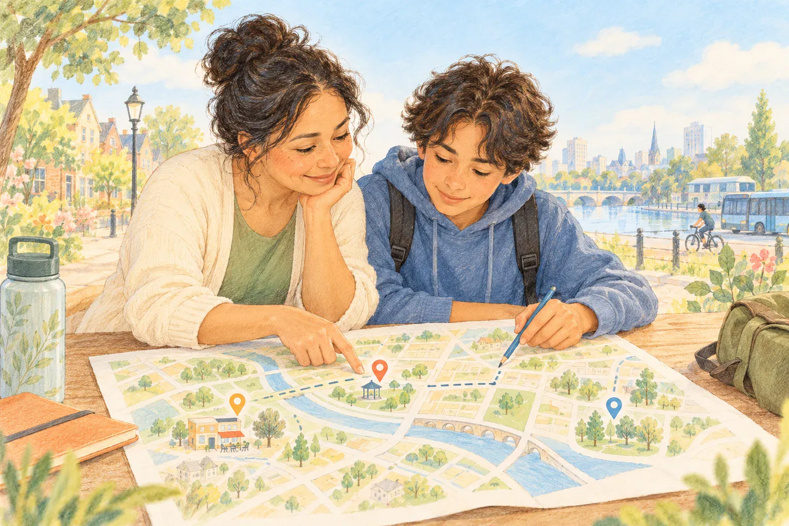Illustration of a parent and teenager planning an outing using a map.