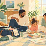 Illustration of a family putting things away and rebuilding routines after travel.