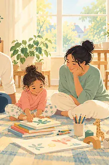 Illustration of a family putting things away and rebuilding routines after travel.