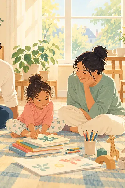 Illustration of a family putting things away and rebuilding routines after travel.