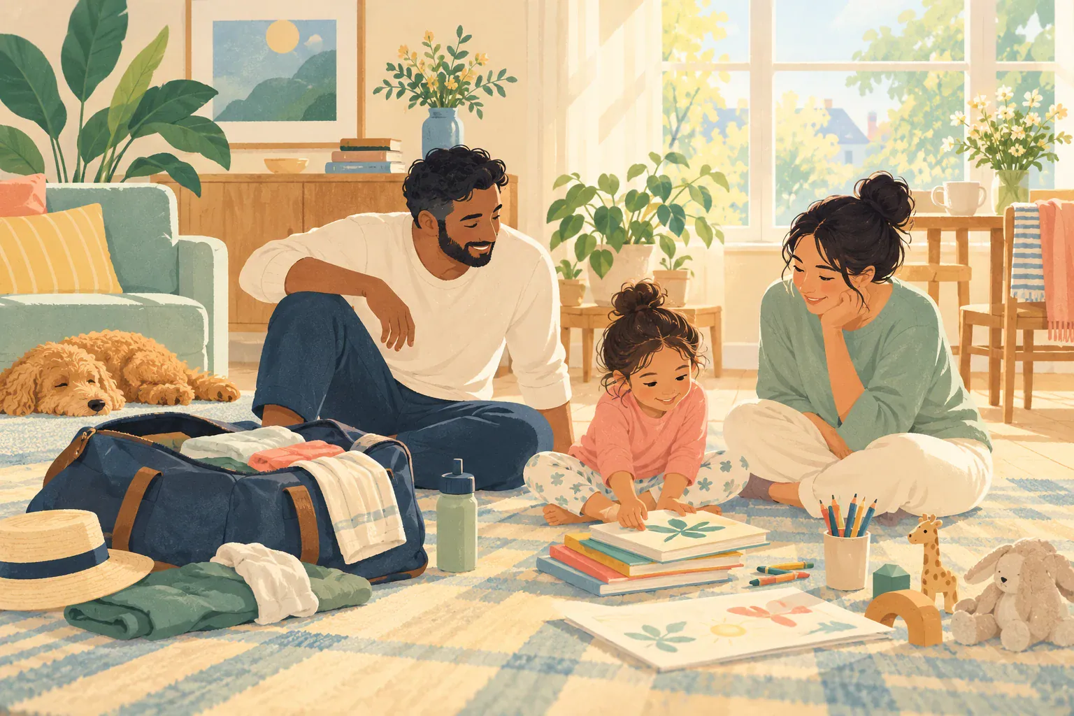 Illustration of a family putting things away and rebuilding routines after travel.