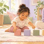 Illustration of a young child arranging large blocks while a parent watches.