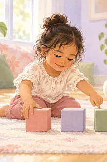 Illustration of a young child arranging large blocks while a parent watches.
