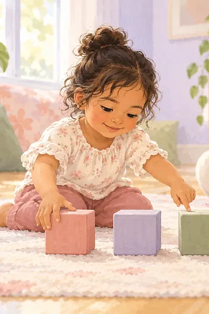 Illustration of a young child arranging large blocks while a parent watches.