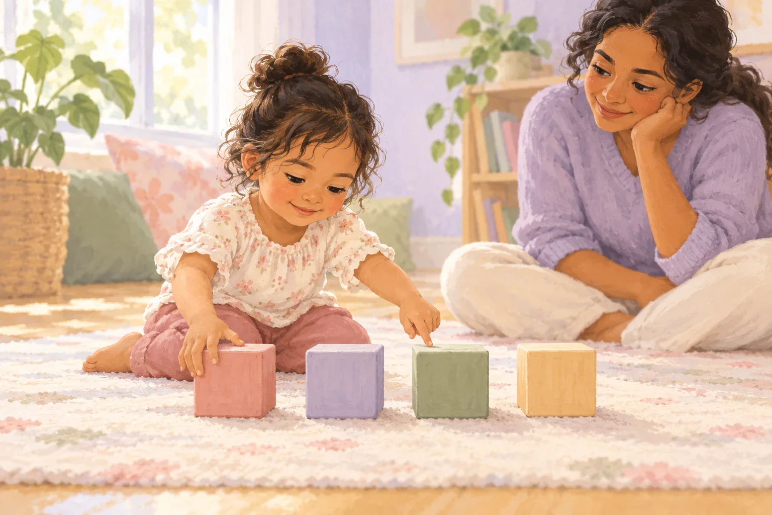 Illustration of a young child arranging large blocks while a parent watches.