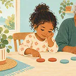 Illustration of a child and grandparent comparing counters on a table.
