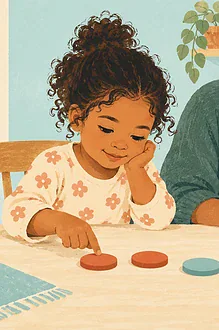 Illustration of a child and grandparent comparing counters on a table.