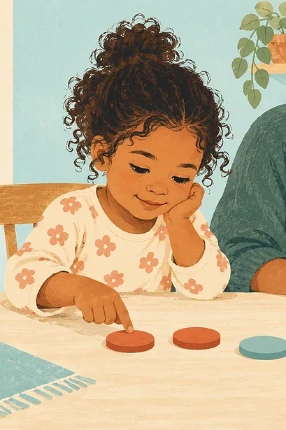 Illustration of a child and grandparent comparing counters on a table.