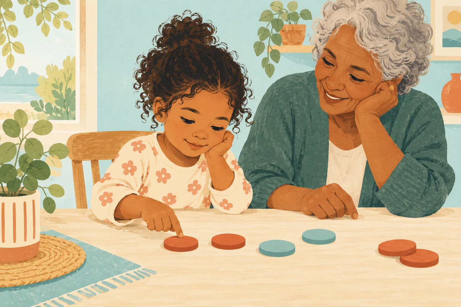 Illustration of a child and grandparent comparing counters on a table.
