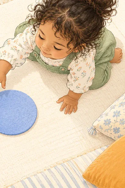 Overhead illustration of a child noticing three large felt circles on a mat.
