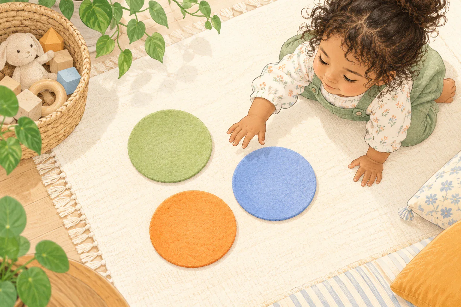 Overhead illustration of a child noticing three large felt circles on a mat.