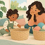 Illustration of a caregiver and child comparing an empty basket with a basket of balls.