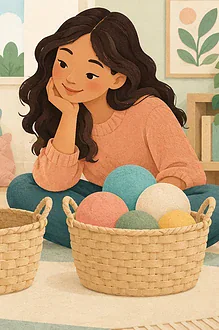 Illustration of a caregiver and child comparing an empty basket with a basket of balls.