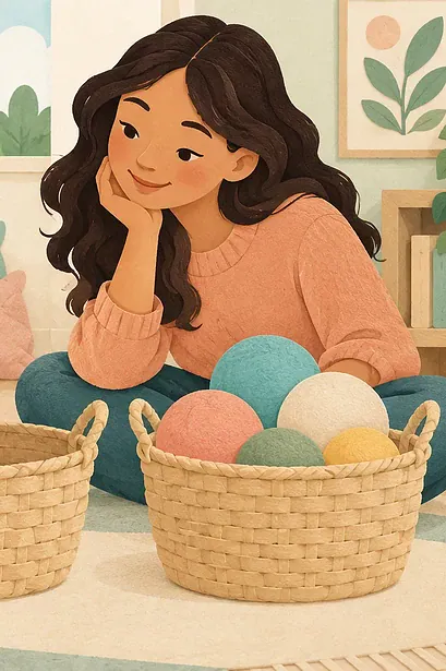 Illustration of a caregiver and child comparing an empty basket with a basket of balls.