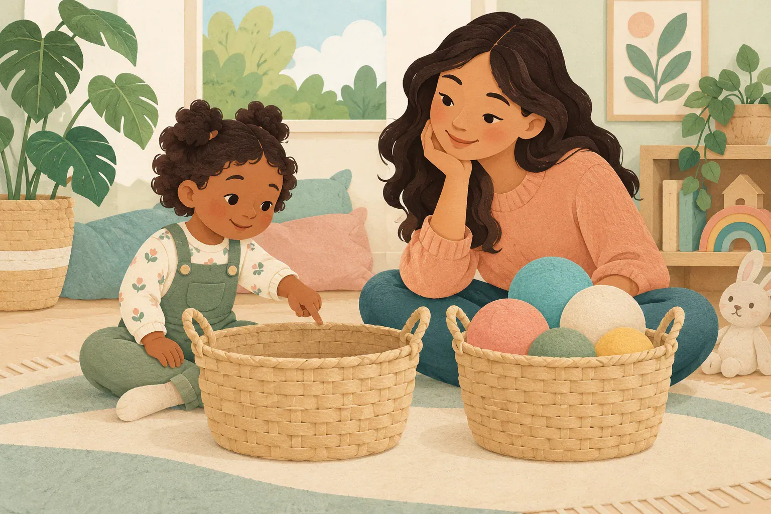 Illustration of a caregiver and child comparing an empty basket with a basket of balls.
