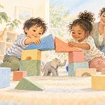 Illustration of two children making an arch from large geometric blocks.