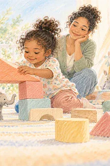 Illustration of two children making an arch from large geometric blocks.