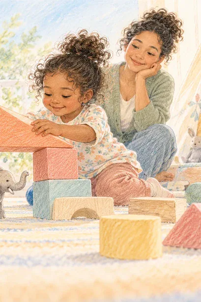 Illustration of two children making an arch from large geometric blocks.