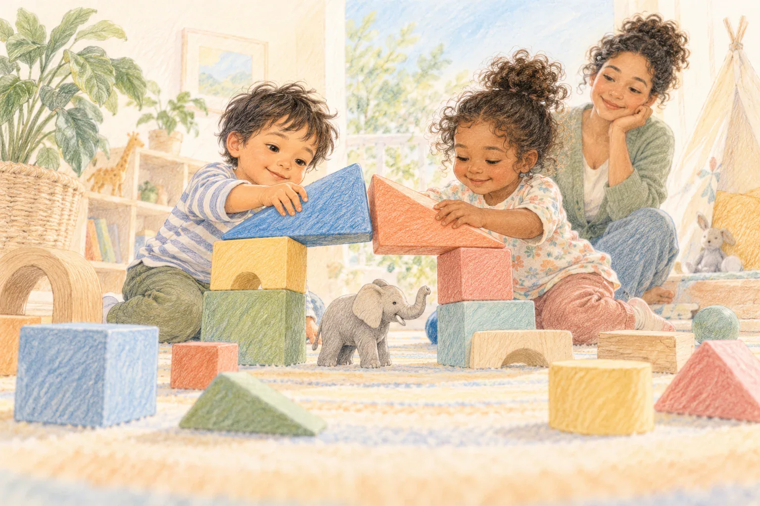 Illustration of two children making an arch from large geometric blocks.