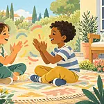 Illustration of two children making a clapping pattern on a garden rug.