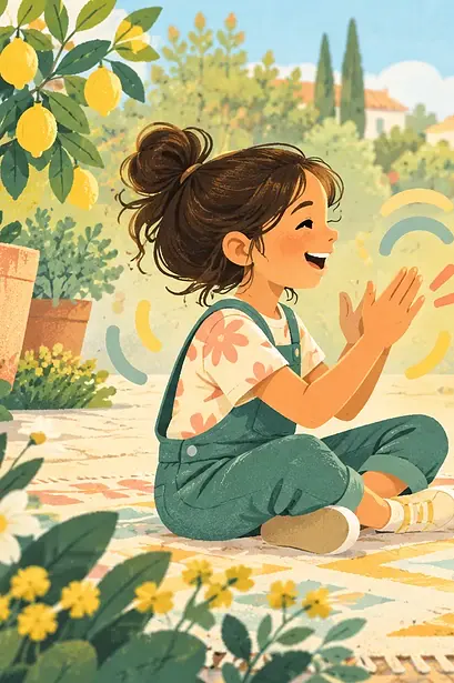 Illustration of two children making a clapping pattern on a garden rug.