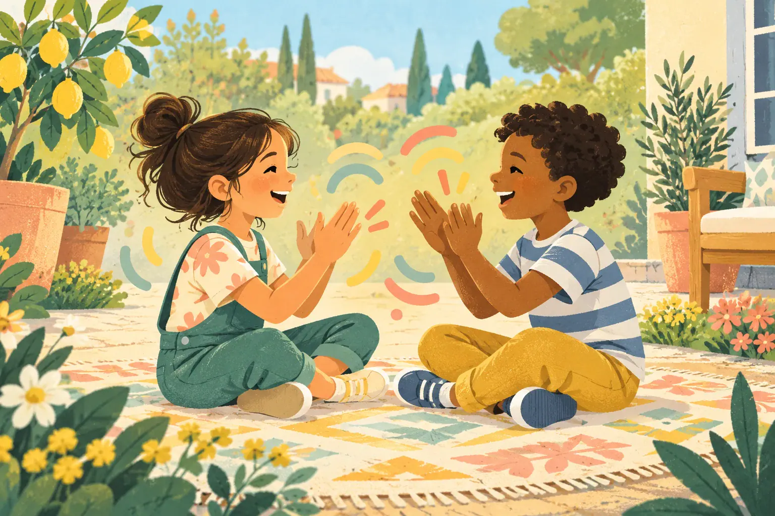 Illustration of two children making a clapping pattern on a garden rug.