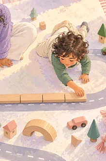 Overhead illustration of a caregiver and child measuring a toy road with matching blocks.