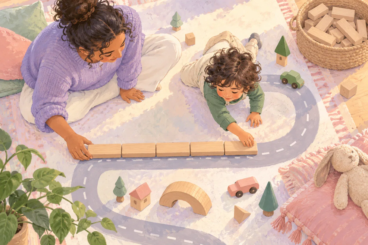 Overhead illustration of a caregiver and child measuring a toy road with matching blocks.