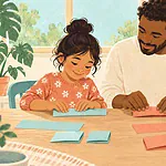 Illustration of a child and caregiver folding coloured paper strips into equal parts.