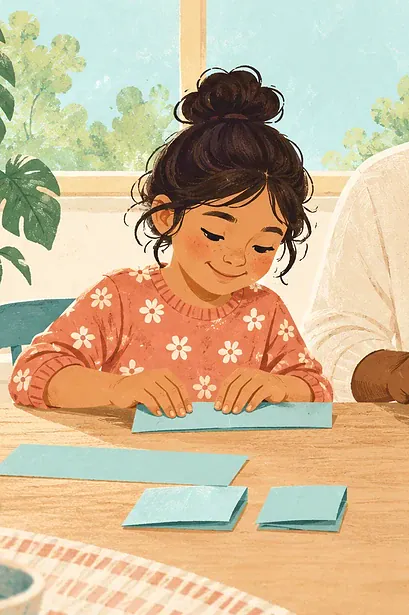 Illustration of a child and caregiver folding coloured paper strips into equal parts.