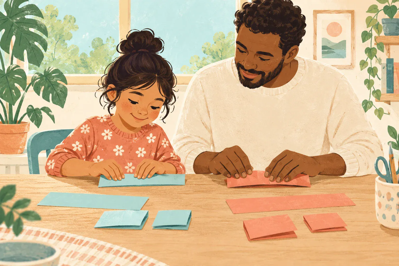 Illustration of a child and caregiver folding coloured paper strips into equal parts.