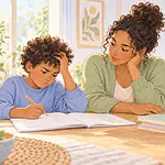 Illustration of a caregiver listening to a frustrated child beside an open maths book.