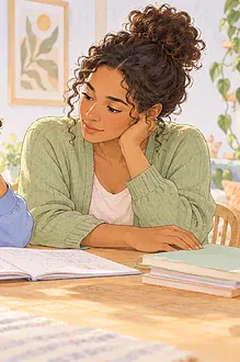 Illustration of a caregiver listening to a frustrated child beside an open maths book.