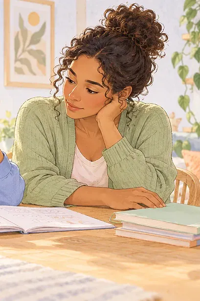 Illustration of a caregiver listening to a frustrated child beside an open maths book.