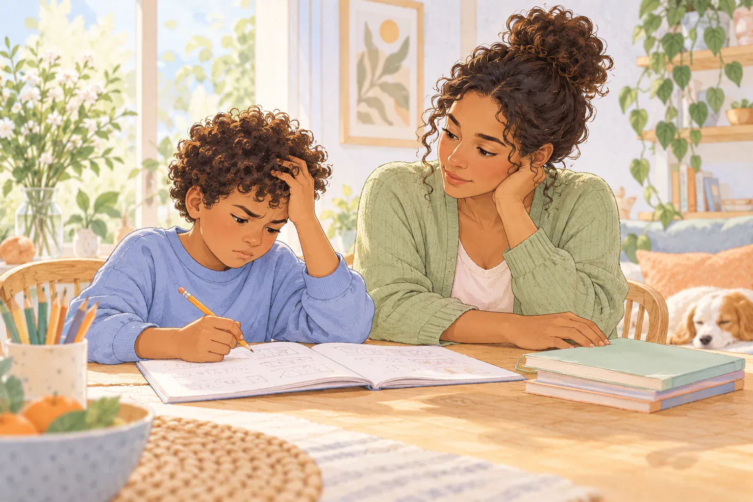 Illustration of a caregiver listening to a frustrated child beside an open maths book.